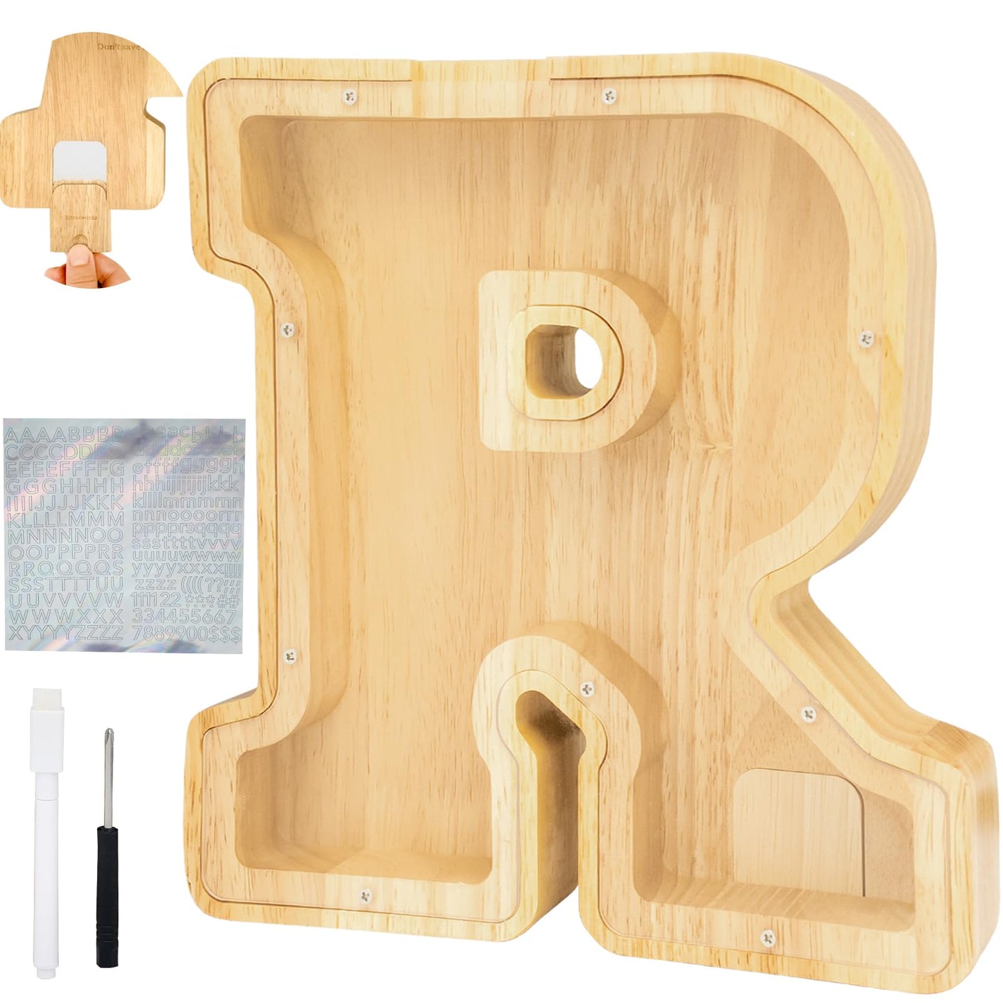 Bitreeworks Letter Piggy Bank, Personalized Wooden Coin Banks, Large Wood Money Peny Bank for Adults (9'', Alphabet R)