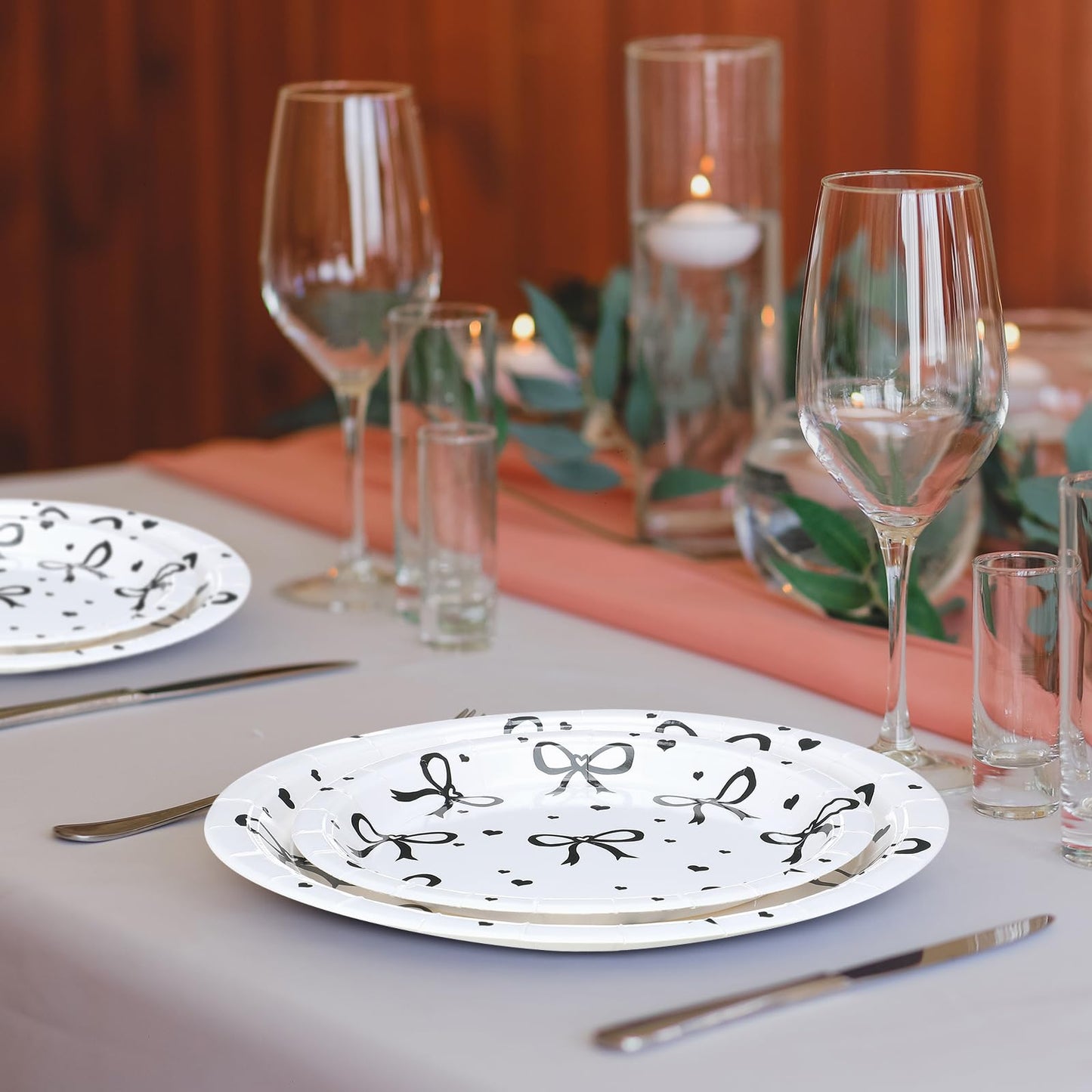 Sieral 60 Pcs Coquette Bow Party Plates 9 7 Black and Pink Bow Paper Plates Birthday Decorations Bridal Shower Bachelorette