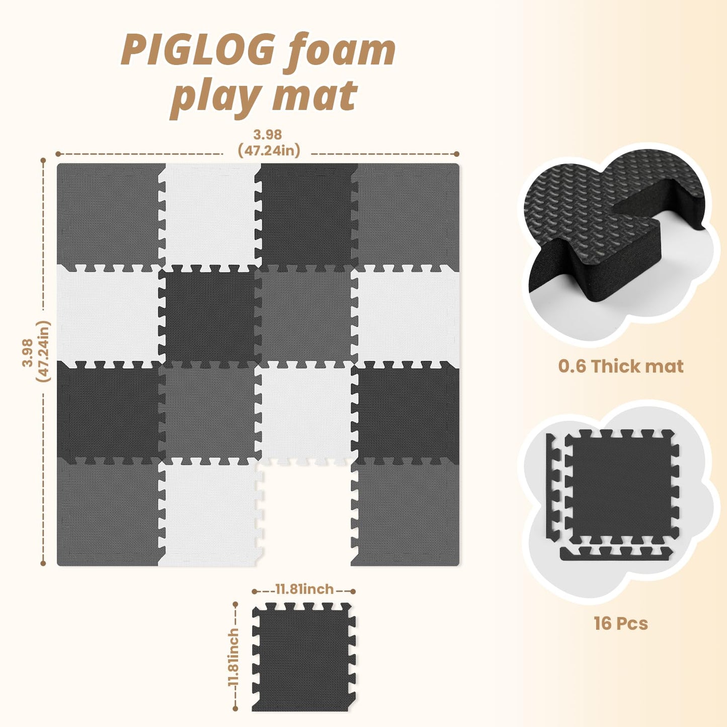 Piglog 16 Tiles Baby Play Mat For Floor, Eva Foam Baby Floor Play Mat With 0.6 Inch Thick Interlocking Foam Tiles, Foam Floor Ti