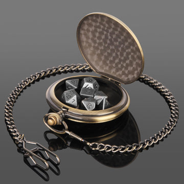 Famard 10mm Tiny DND Dice Set with Vintage Pocket Watch Shell Case, Polyhedral Metal D&D Dice Set for Dungeons and Dragons, RPG