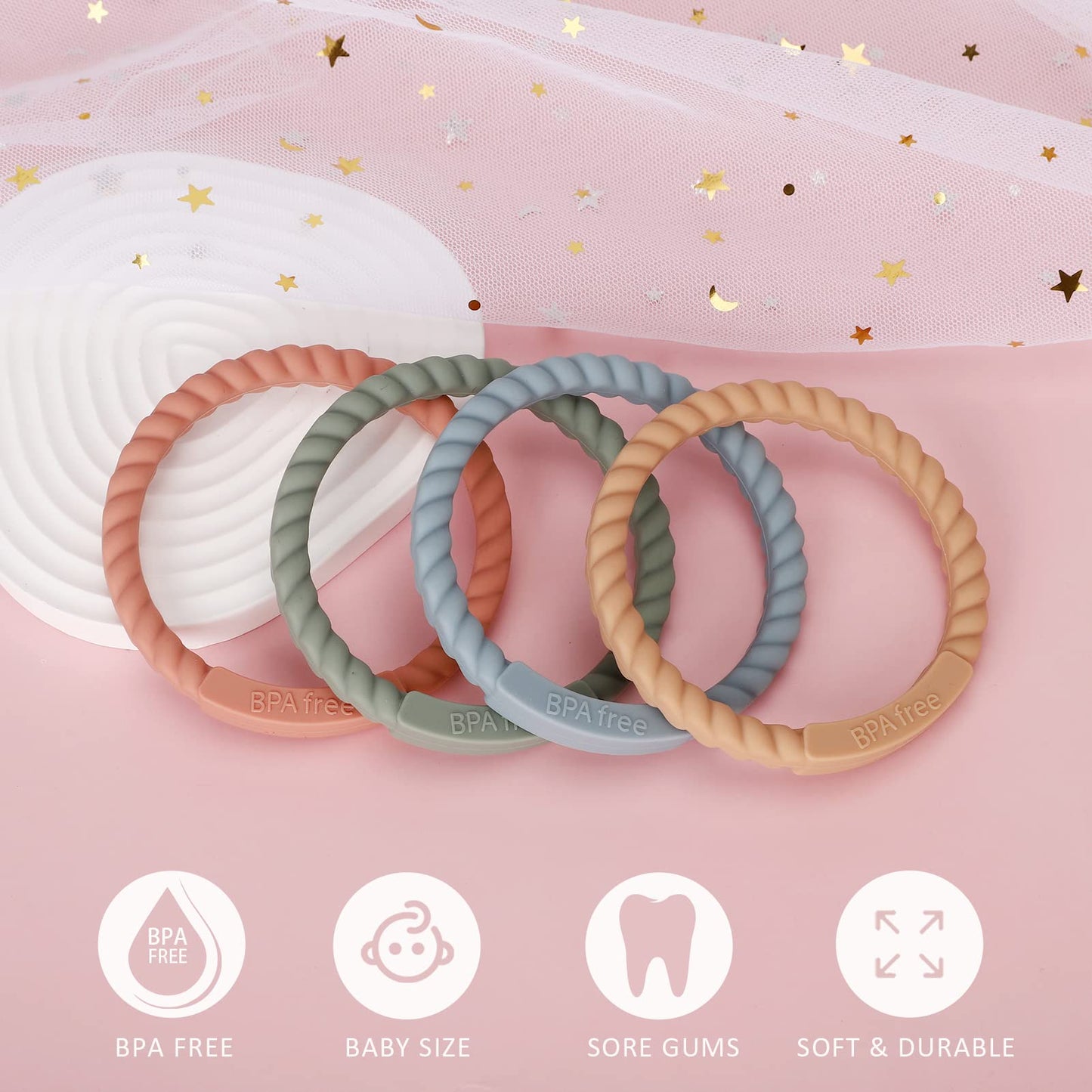 Socub Silicone Baby Teether Toy, 4 Pack Bpa Free Soft Silicone Teether Bracelets For 3+Month Babies, Wearable As Bracelets, Baby Chew Toy (Sand/Light Grey/Dusty Lilac/Power Rose)