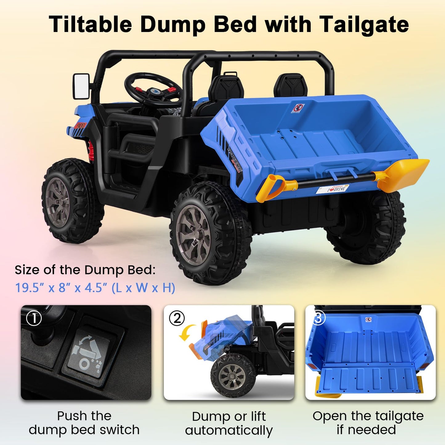 Costzon 24V Ride On Car, 2-Seater Electric Dump Truck W/Remote Control, Dump Bed & Shovel, 4 Spring Suspensions, Kids Utv W/Dual Rpm20000 Motors, Music, Wireless Design, Electric Car For Kids (Blue)