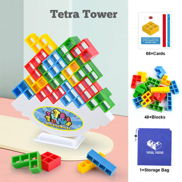 Sylmifoi Tetra Balancing Stacking Tower Toys - 48PCS Plastic Game for Kids & Adults, Team Building, Blue/Red/Green/Yellow, Storage Bag Included