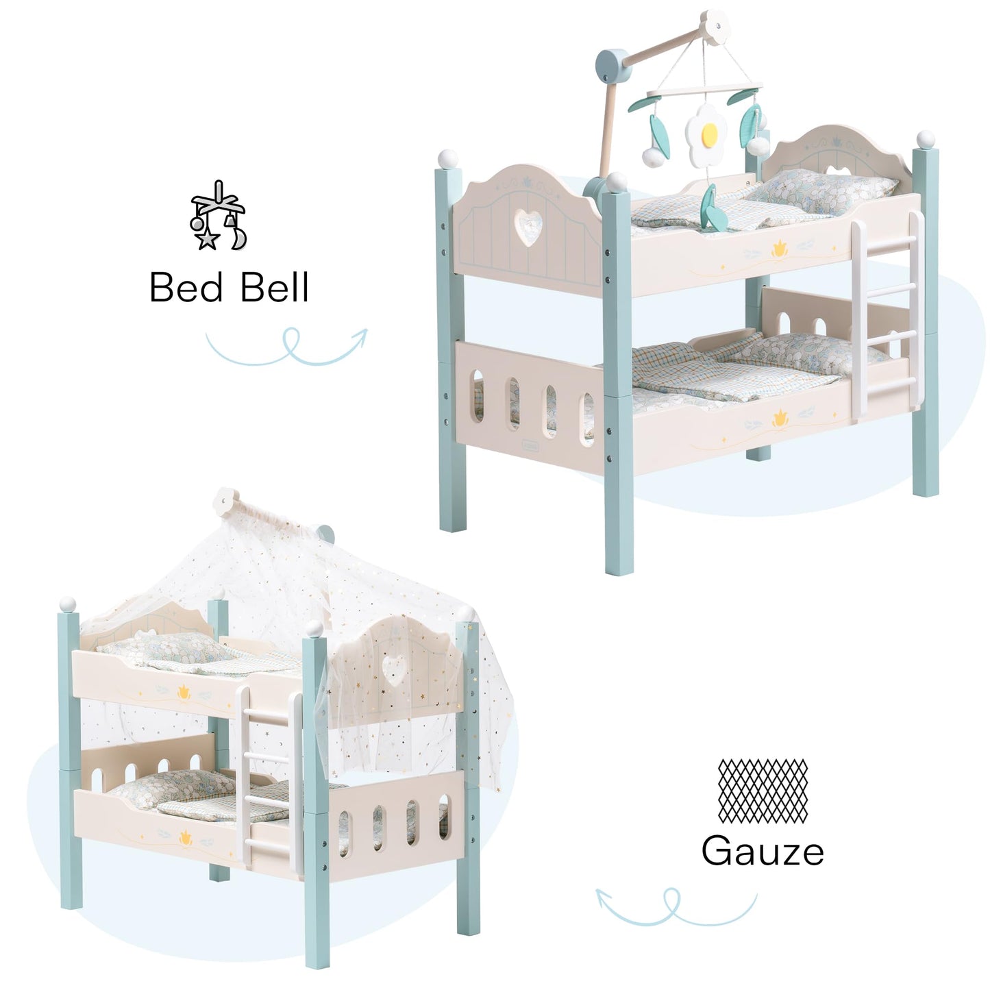 ROBOTIME Baby Doll Bunk Beds, Wooden Doll Cribs for 18 inch Dolls Furniture, Stackable Doll Bed Fits American Girl Doll (Blue, 2