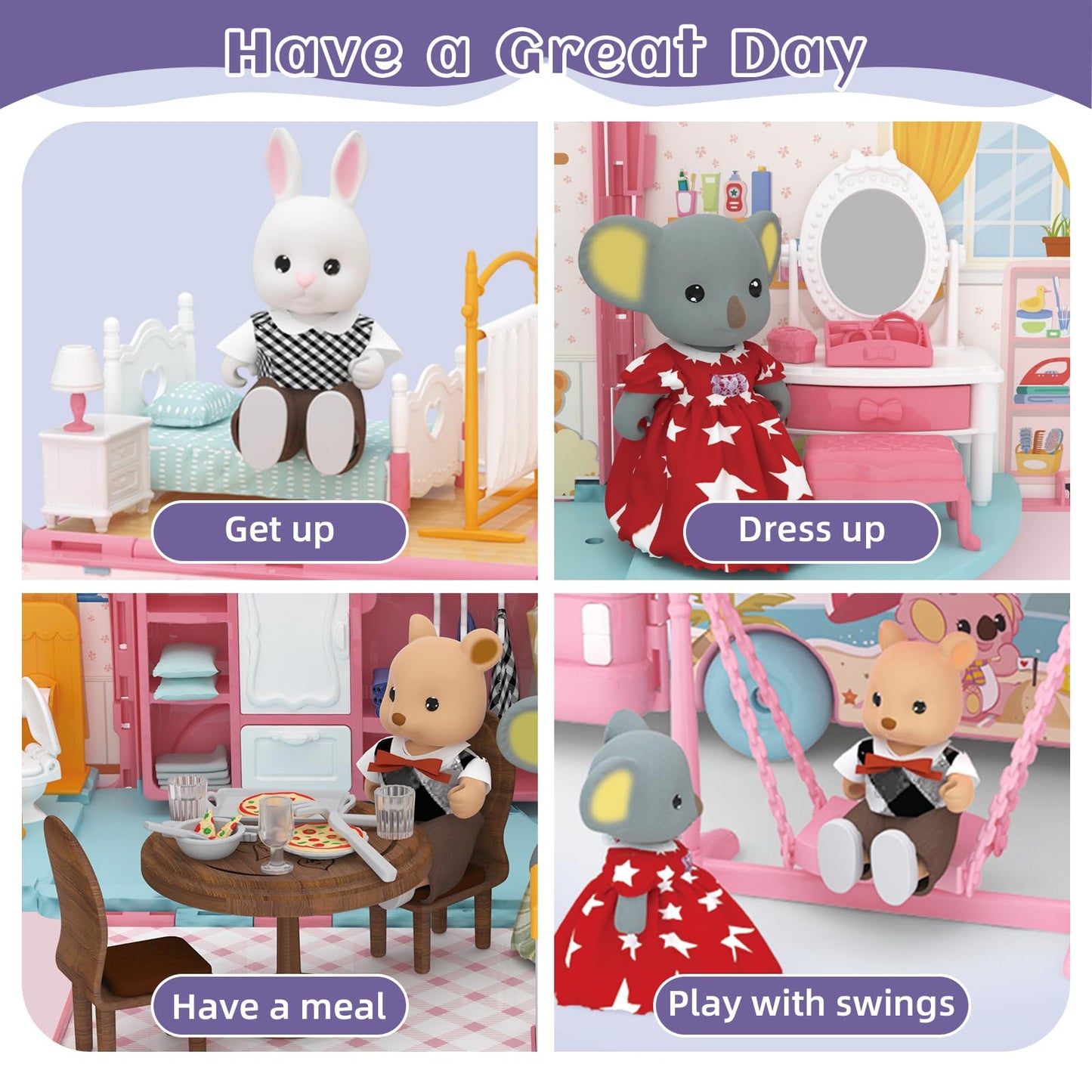 Mitcien Dollhouse Playset, Diy Pretend Portable Caravan Camper Bus Toy Kit With Little Critters Bunny Dolls Mini Cottage House Set Camping Family Toys For Toddler 3 4 5 6 Year Old Girl