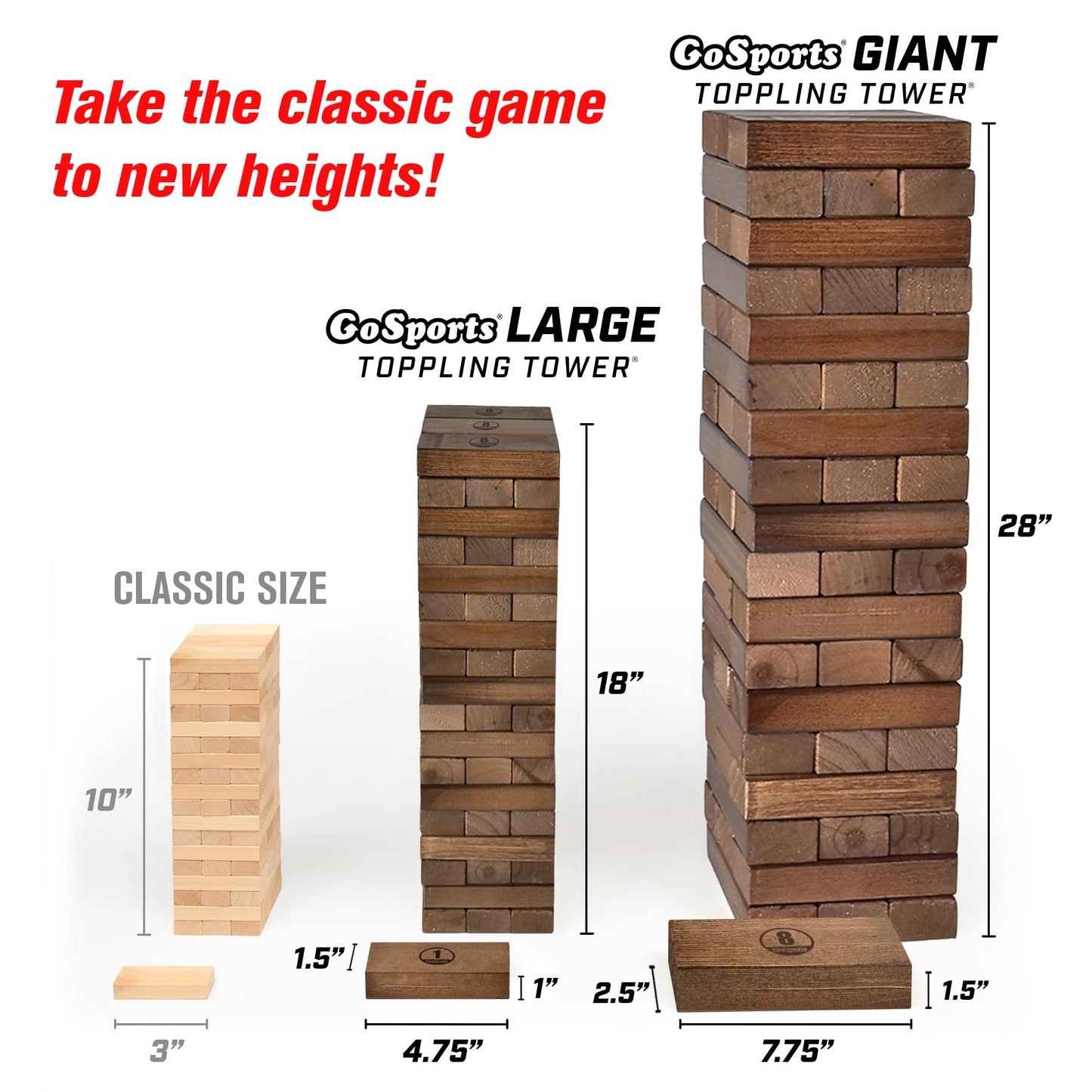 GoSports Large Wooden Toppling Tower - Stacks Up to 3 ft - Brown Wood Stain