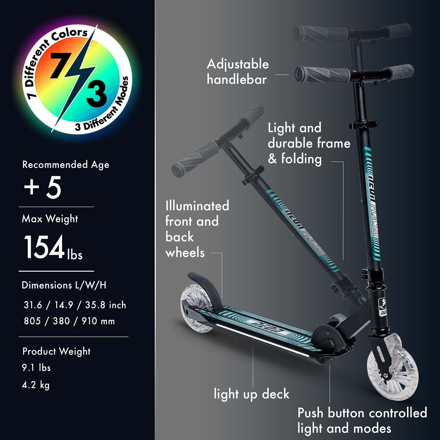 Yvolution Neon Flash Foldable Kids Scooter with Light up Wheels, Easy Folding Scooter with 2 Light up Wheels and and Rear Brake,