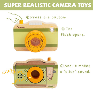 Wooden Mini Pretend Camera Toy With Real Sounds And Light For Toddlers 1 2 3 Years Old, Neck Hanging Photographed Props For Boys