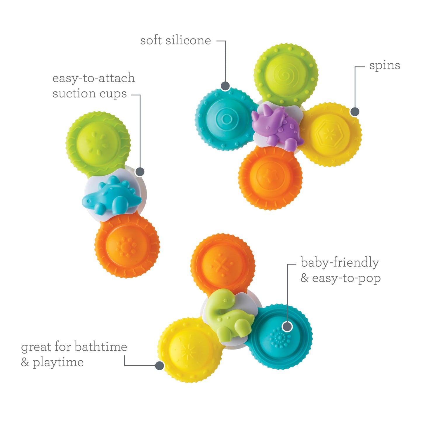 Infantino Silicone Bath Pop Spinners - 3-Piece Sensory Dinosaur Toys for Toddlers, Multi-color, Small, Model 205289-00