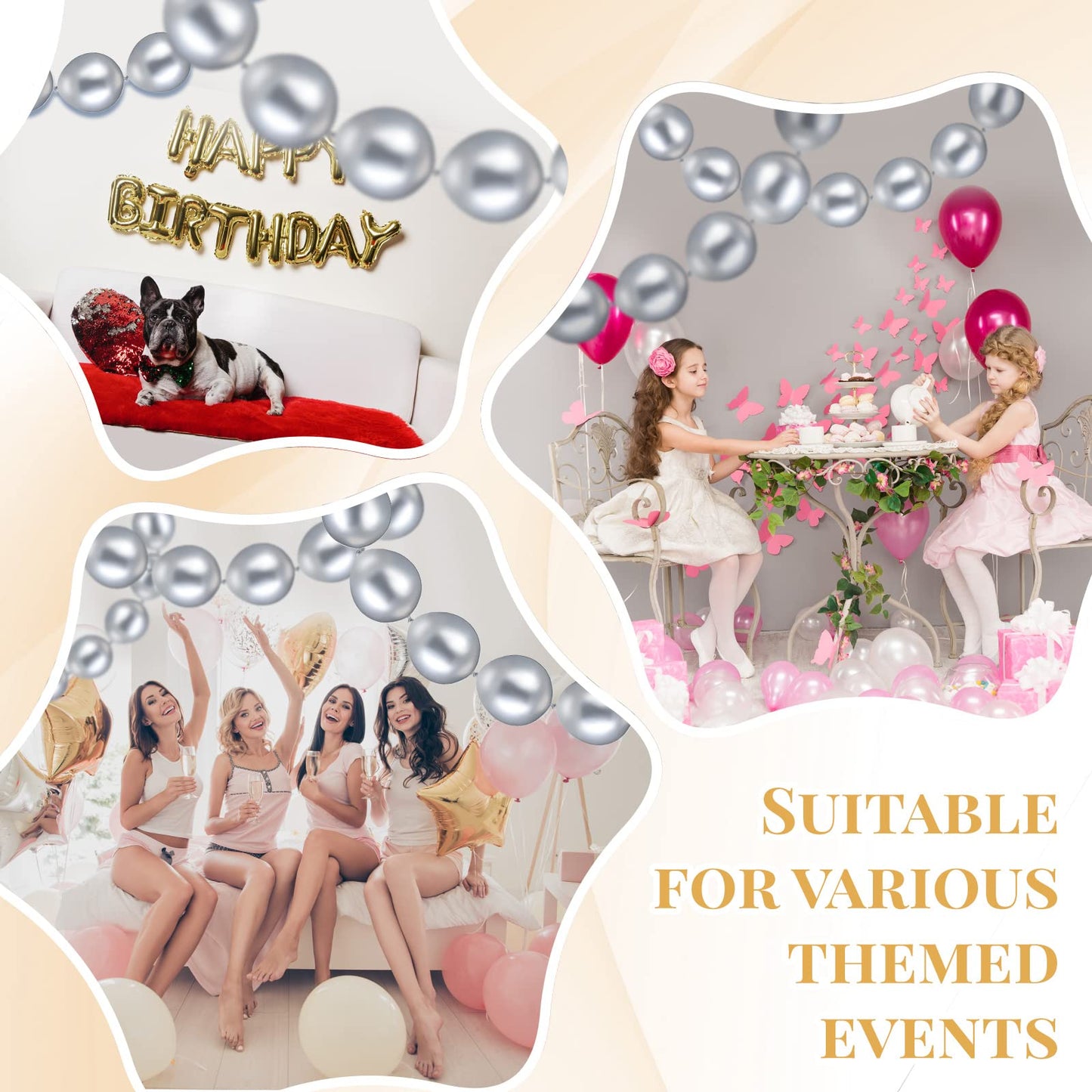 100 Pcs Link Balloon Linking Balloon Latex Linkable Balloons Connected Wedding Party Decoration (Metallic Silver, 10 Inch)