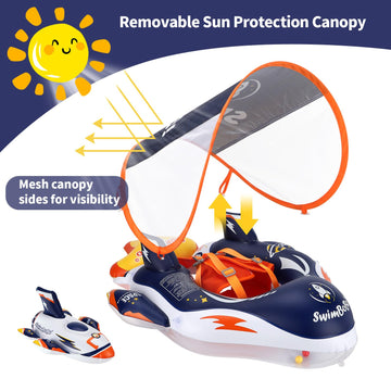 Swimbobo Baby Swimming Float Kids Inflatable Swim Ring with Safety Support Bottom Swimming Pool Accessories for 3-36 Months (Deep Blue Spaceship Large)