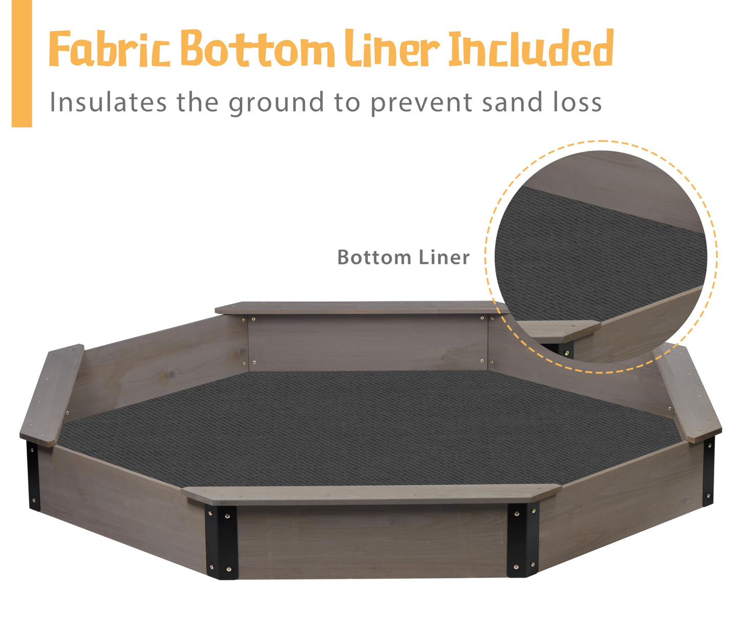 85''X78''X9'' Octagon Sandbox With Cover For Kids Outdoor Play, Wood Large Sandpit With 4 Benches, Quick Easy Install