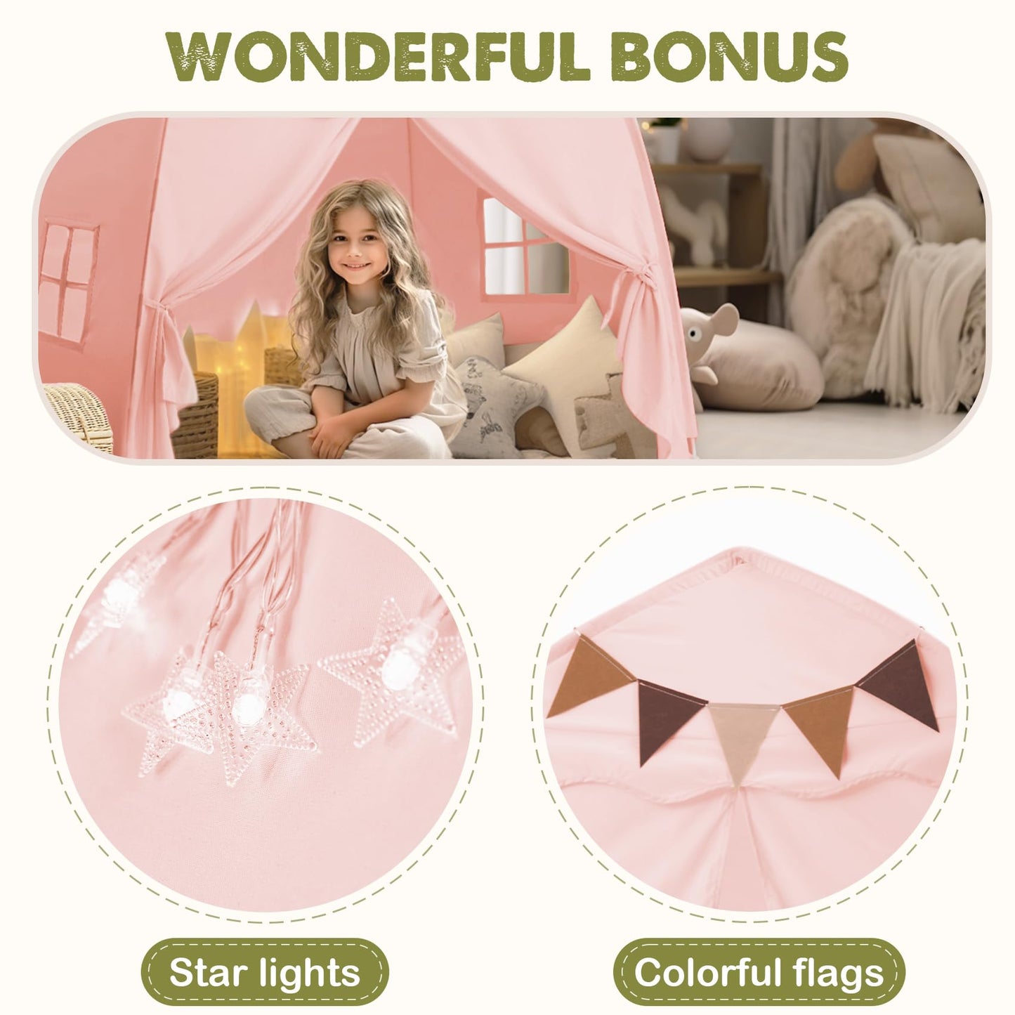 Extra Large Toddler Bed Tent & Kids Play Tent Bed Tent With Flags & Star Lights, Portable & Foldable Teepee, Indoor Outdoor Dome