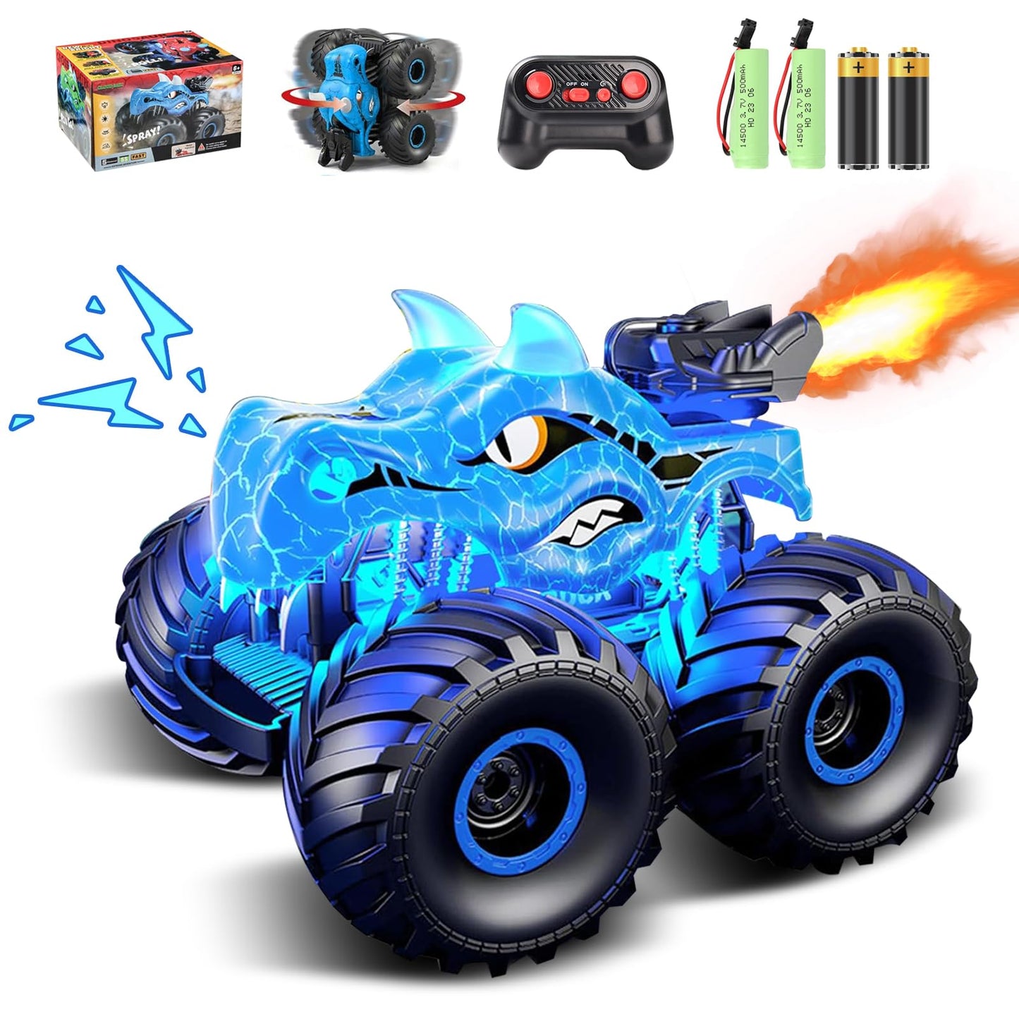 Cqutevind Remote Control Monster Truck, 2.4GHz RC Cars with Light, Sound & Spray, Monster Trucks for Boys Girls, All Terrain Din
