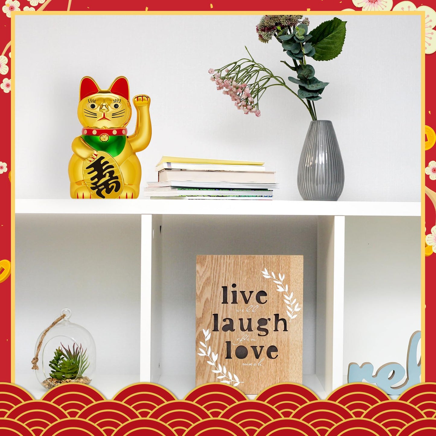 Chunful 8 Inch Lucky Cat Waving Arm Maneki Neko Gold Lucky Fortune Cat With Waving Hand Paw Up For Feng Shui Welcoming Fortune L