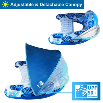 COOLCOOLDEE Pool Float with Canopy Cup Holder - XL Pool Chair Lounge Float with Adjustable Sun Shade Cover Drink Holder Ergonomic Headrest Inflatable Pool Float for mature-themeds(Deep Blue)