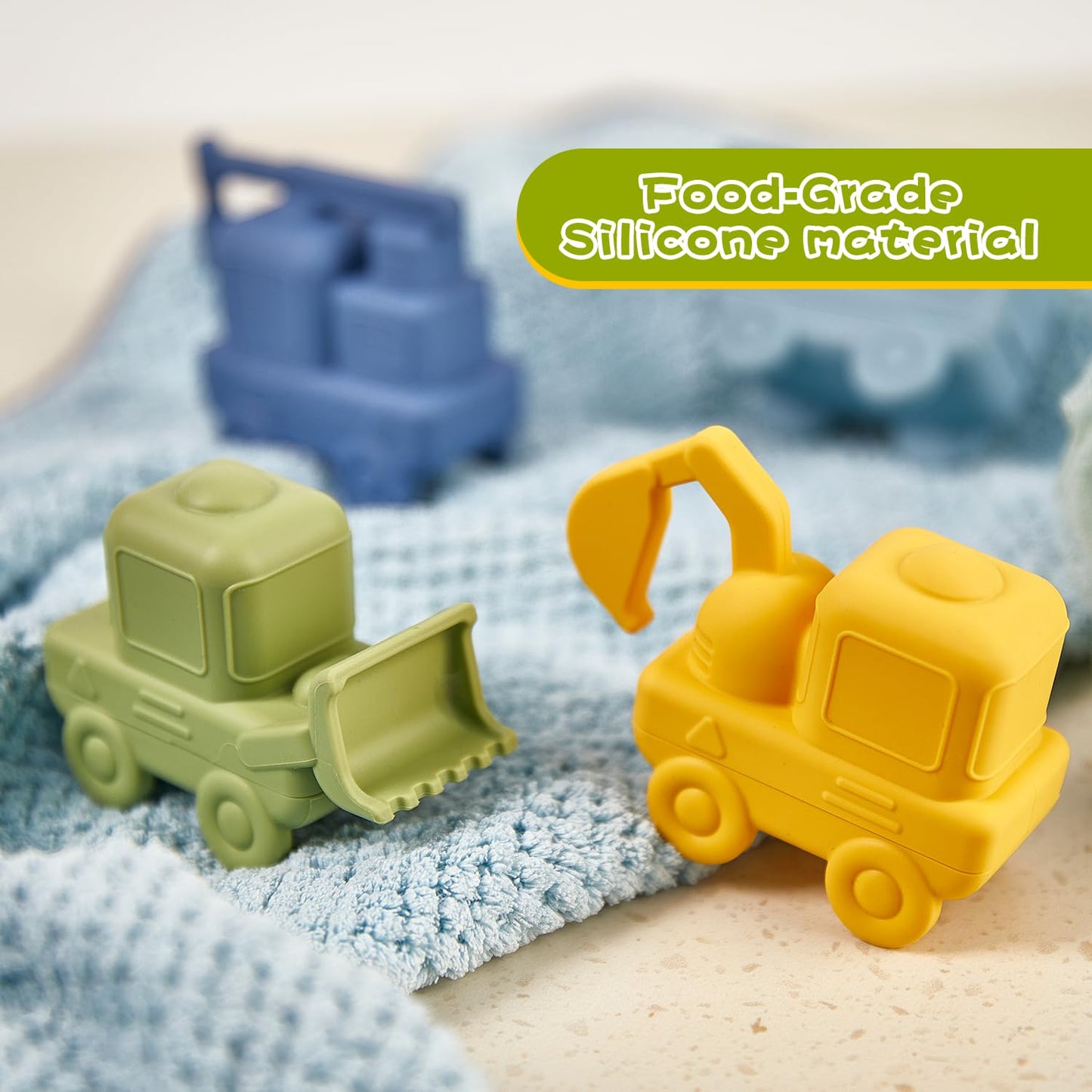 AMCHSURI Construction Bath Toys 4 Pack Food-Grade Silicone Cars Bath Toys for Babies 6-12 Months Mold Free Toddler Bath Toys for 2-4 Safe and Non Toxic Baby Bathtub Toy Dishwasher Safe BPA Free