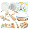 Miljgte Wooden Montessori Musical Instruments Set for Toddlers - Xylophone & Tambourine, Neutral Color, Ages 1-3, with Storage Bag