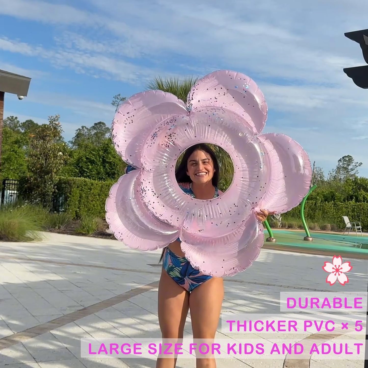 HeySplash Large Inflatable Pool Float - Light Pink Glitter Flower Ring, PVC, Model P723314204819