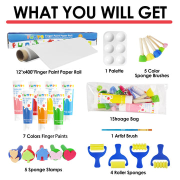 Funto Kids Washable Finger Paint Set, 25 PCS Non Toxic Art Painting Supplies for Baby, Includes Finger Paint Paper Roll, Brush S