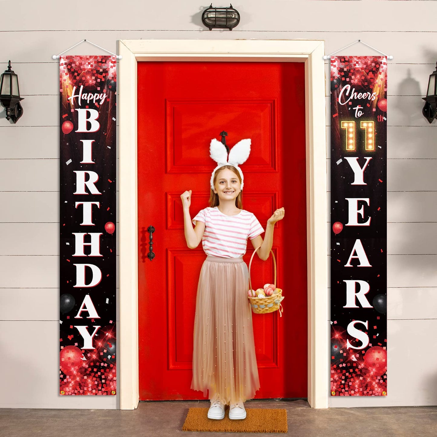 Happy 11Th Birthday Porch Sign Door Banner Decor Red And Black - Glitter Cheers To 11 Years Old Birthday Party Theme Decorations