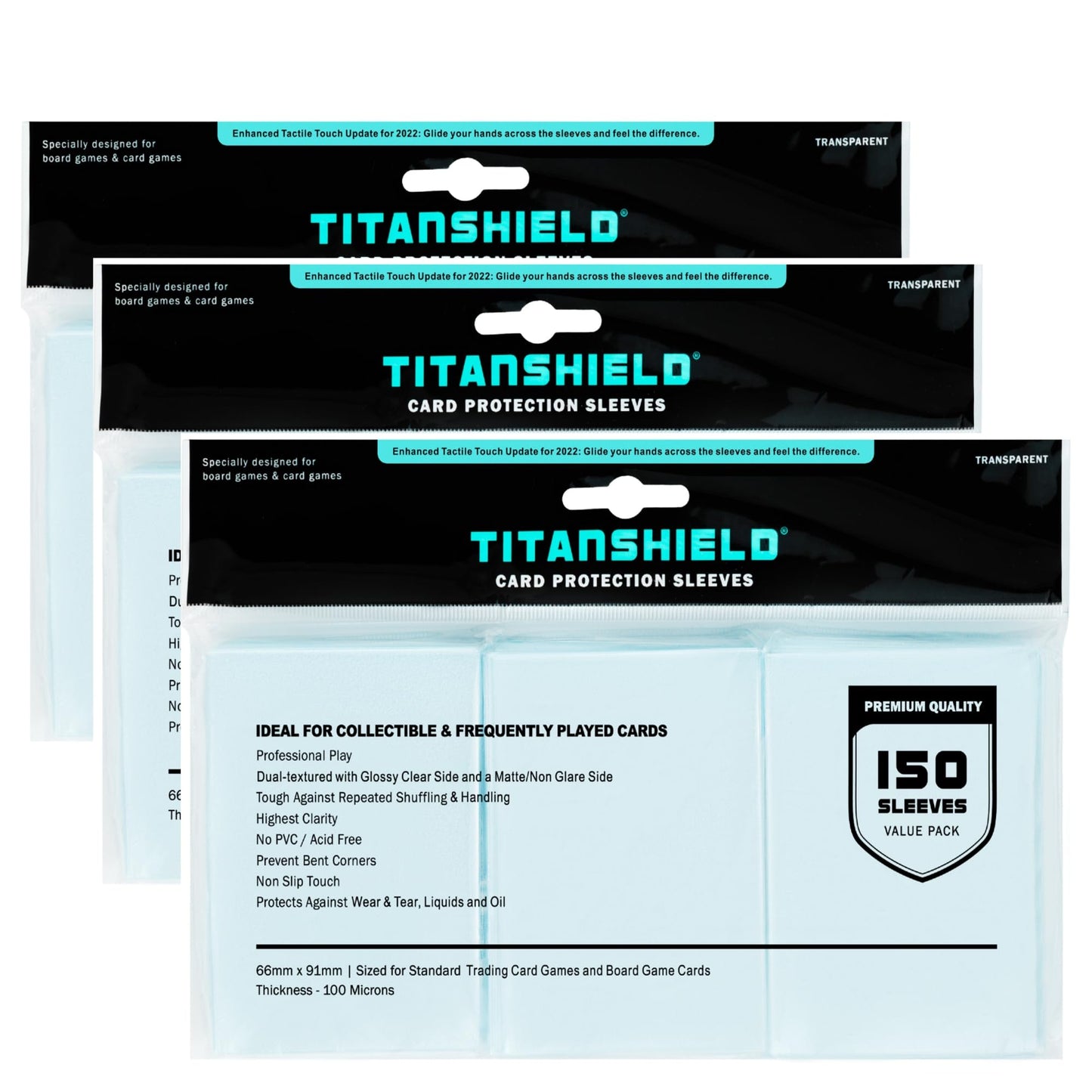 Titanshield [3-Pack 450 Sleeves Bundle Premium Clear Card Sleeves Compatible With Standard Sized Board Games, Mtg Magic The Gathering, Pokemon, Lorcana And Trading Cards 2.5' X 3.5' 66X91Mm