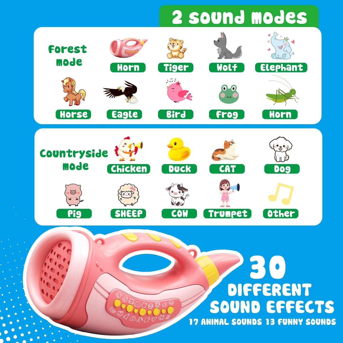 Aooess Voice Changer Toy For Kids 5-7: Animal Sounds Horn 30 Fun Sound Effects & Lights Voice Changer Device Kids Hunting Toys N