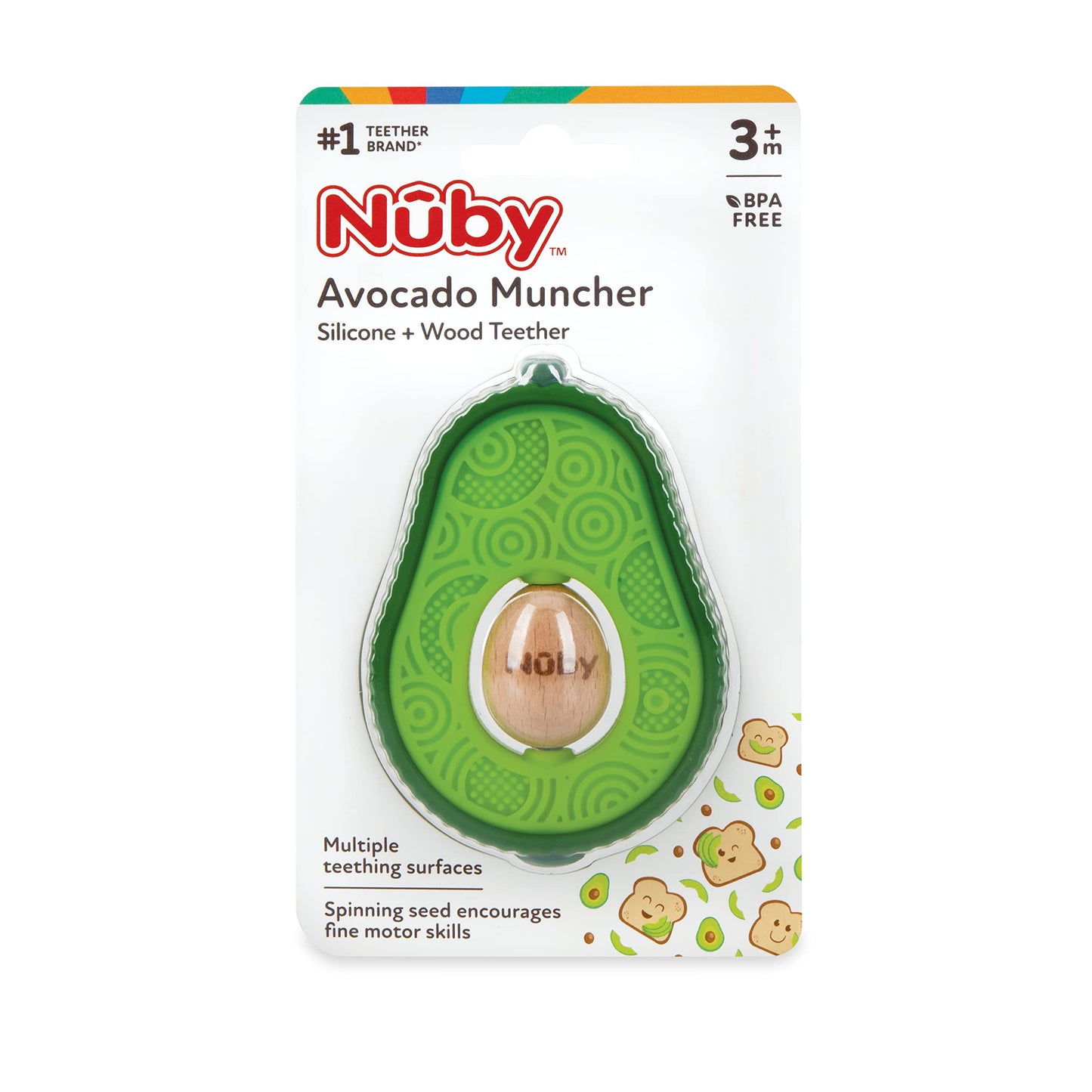 Nuby Silicone Avocado Teether With Spinning Wood Seed- 3+ Months