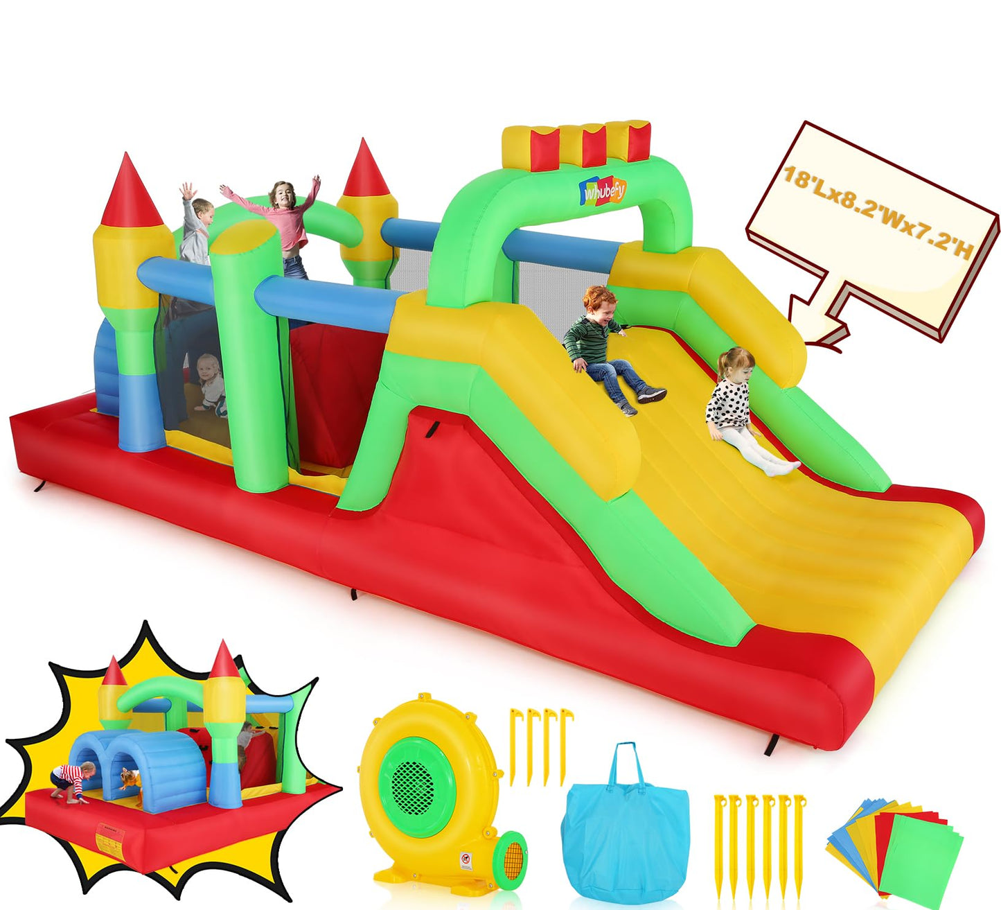 Whubefy 18X8.2Ft Large Bounce House For Big Kids 8-12, Blow Up Inflatable Obstacle Course With Slide Tunnels Jump Castle Bouncer