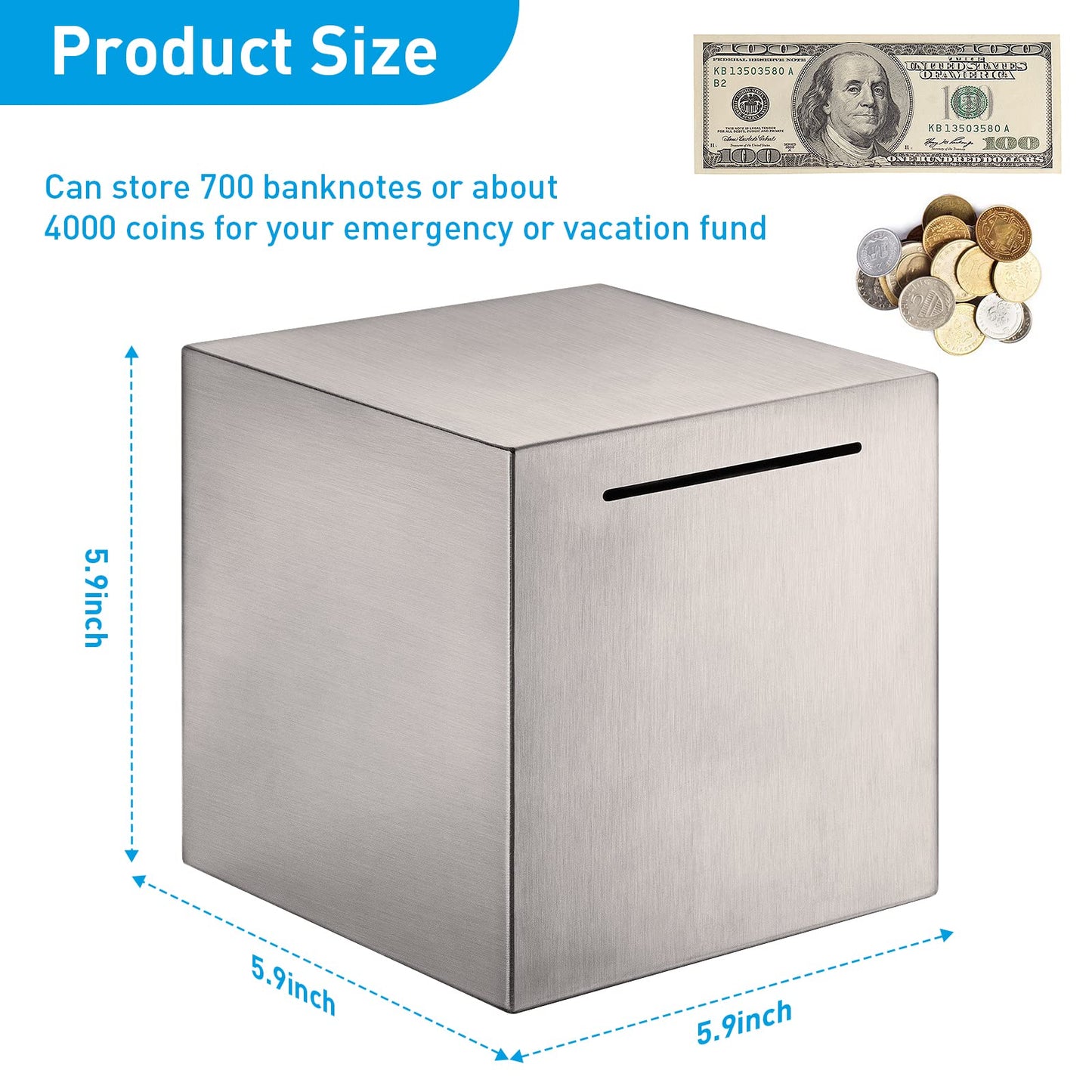 Stainless Steel Safe Piggy Bank For Adults (5.9 Inch)