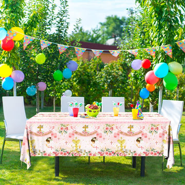 Gupesxu First Communion Decorations-3Pcs Pink Mi Primera Comunion Tablecloth Baptism Table Covers For Girl Newborn Baby Shower T