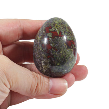 Fekuar Stone Egg Figurine, Polished Healing Crystal Easter Eggs Sphere Sculpture With Wood Stand, Natural Dragon Bloodstone, 1.8