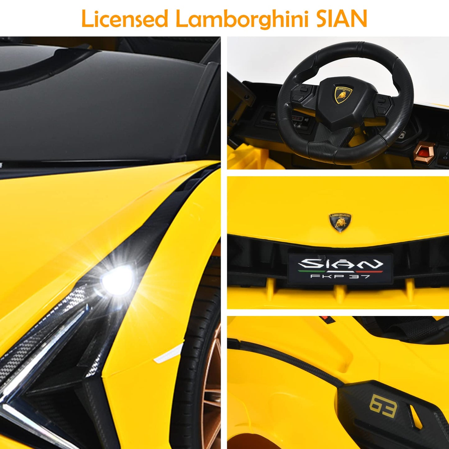 Olakids Kids 12V Licensed Lamborghini Sian Ride On Car, Electric Vehicle For Toddler With Control Remote, Battery Powered Toy With Music, 2 Speeds, Suspension, Led Lights, Bluetooth (Yellow)