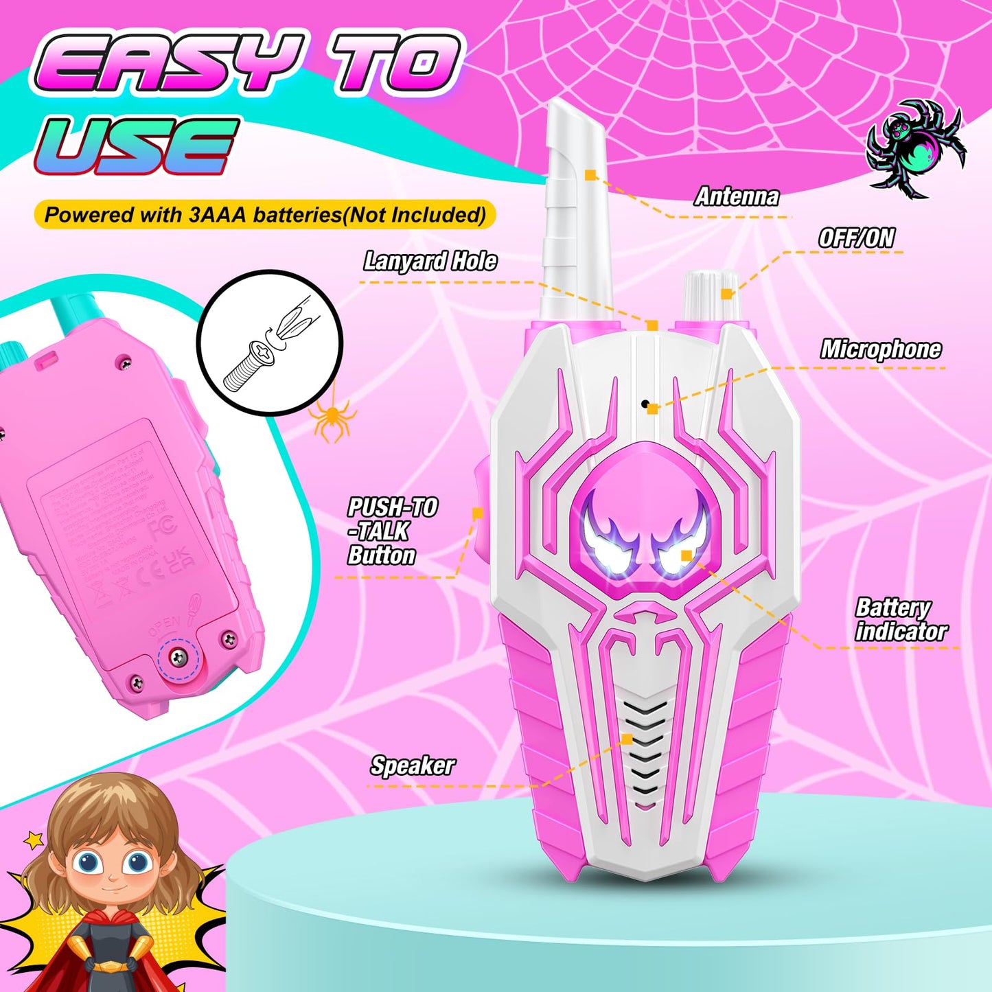 Spider Walkie Talkies For Girls Kids: Birthday Toys Gifts For 3 4 5 6 7 8 9 Year Old Girls Toys Ages 6-8 Kids Walkie Talkies 2 P