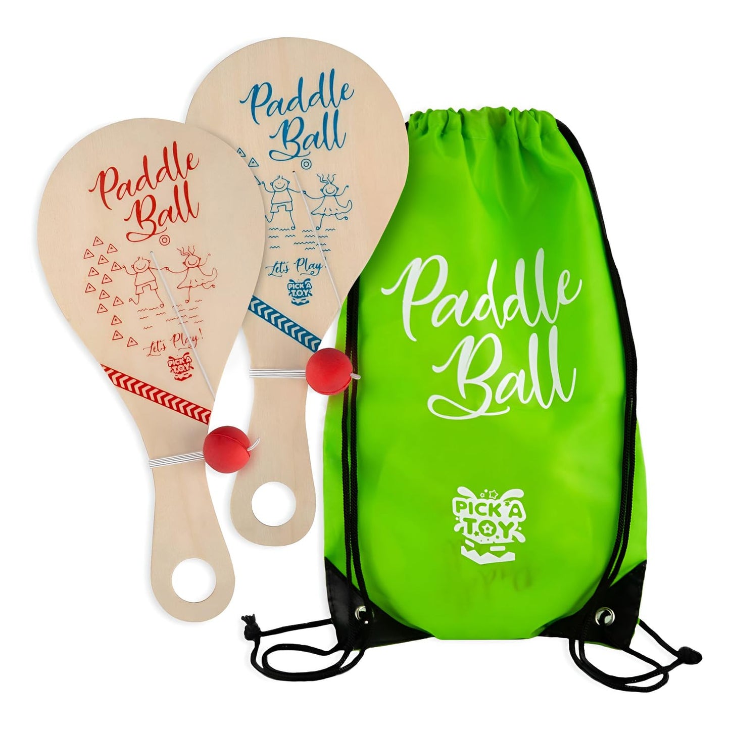Pick A Toy Wooden Paddle Ball With String (Set Of 2) With Green Carry Bag - Indoor Outdoor Toy: Kids Fun And Classic Paddleball Game For Boys And Girls, Party Favor Toys Ages 4+