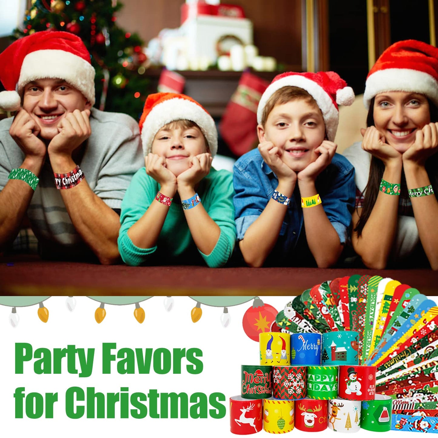 SUNPROUND 100Pcs Christmas Slap Bracelets, Christmas Party Favors for Kids, Christmas Stocking Stuffers, Christmas Toys For kid