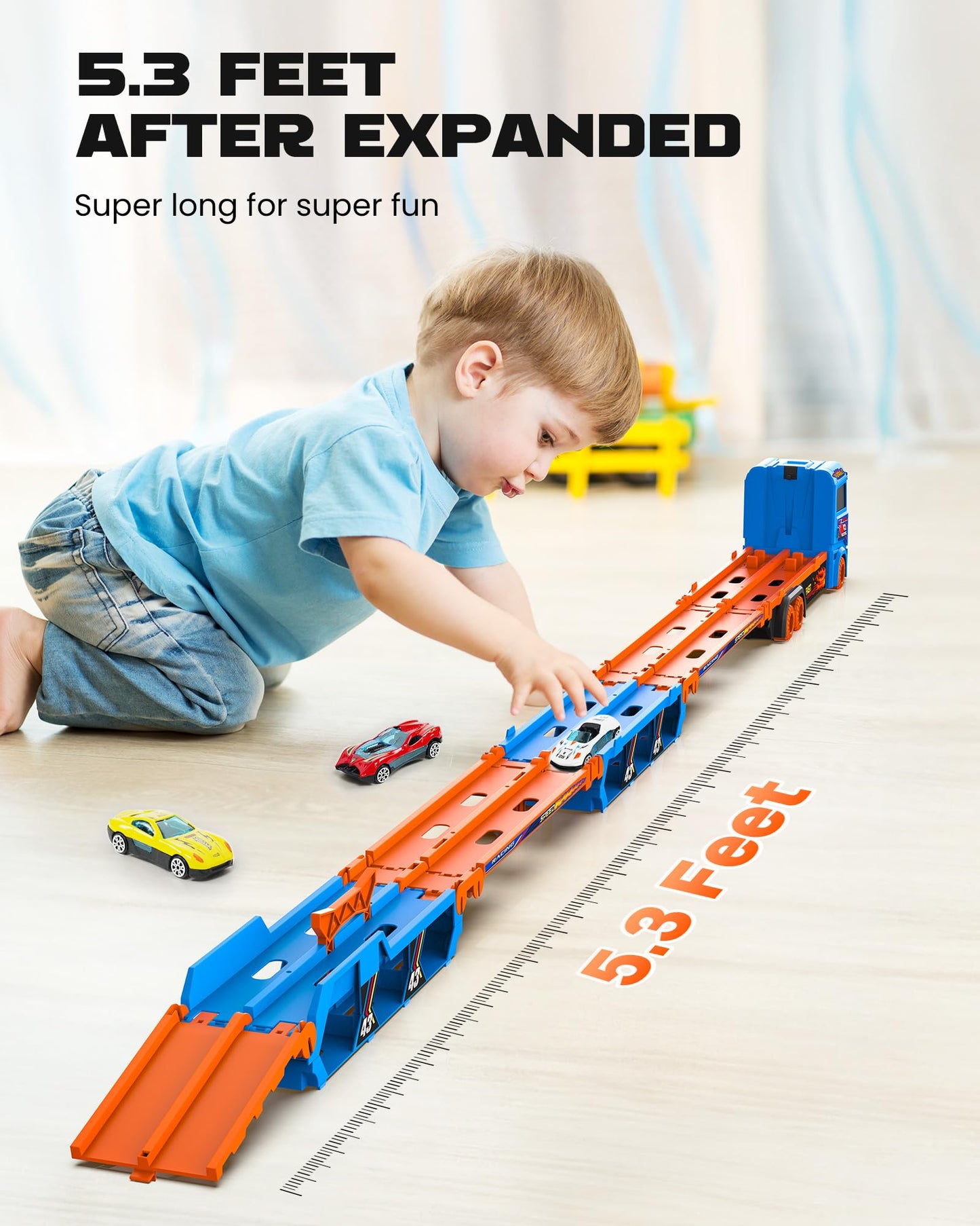 Carrier Truck For 3 4 5 6 Year Old Kids With Foldable 5.3Ft Track, 6 Die-Cast Metal Small Race Cars, Dual Rail Ejection Device,
