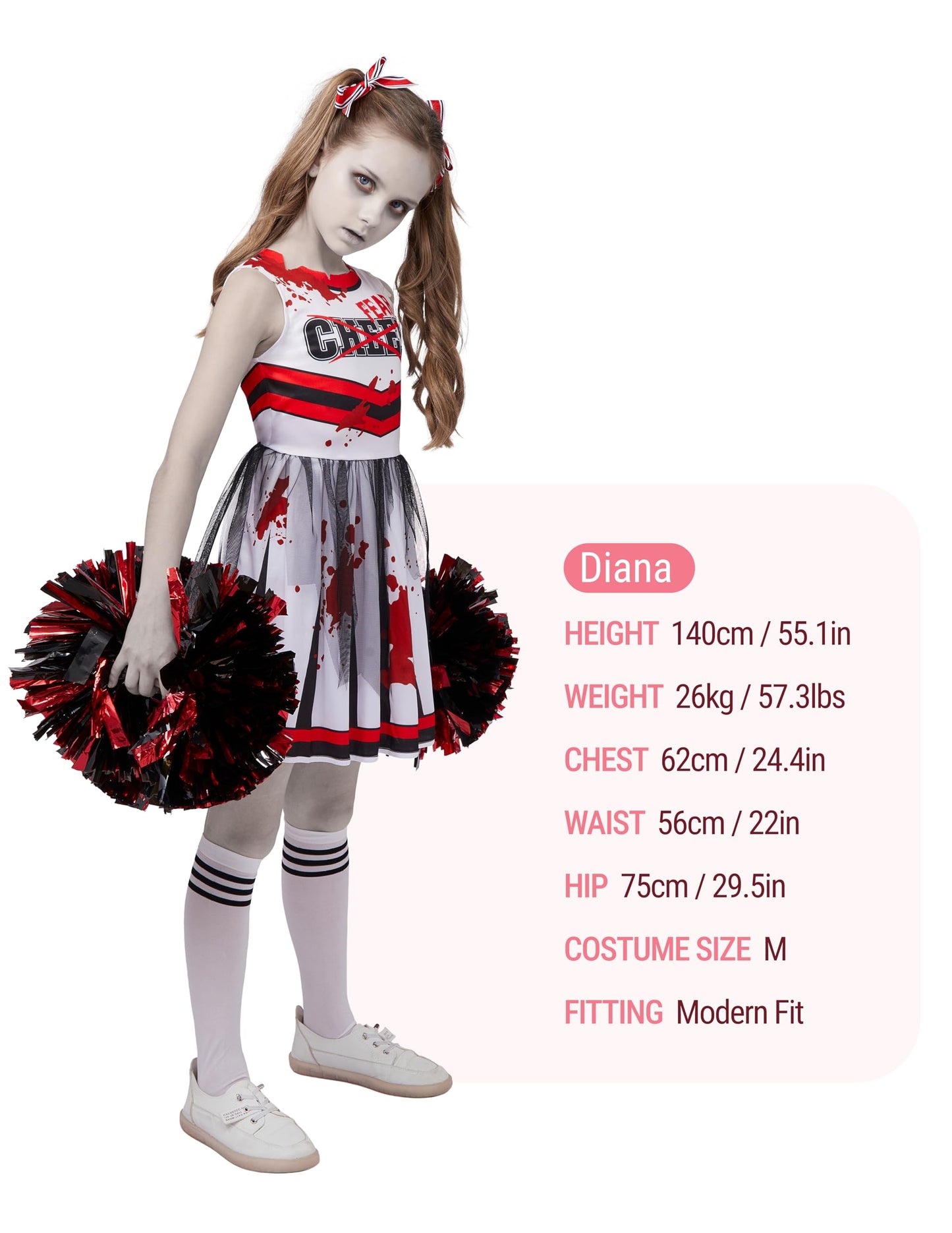 Spooktacular Creations Halloween Cheerleader Costume For Girls, Kids Zombie Cheerleader Outfit, Dead Fearleader Dress For Halloween Scary Costume Role Play Parties, Red White, L