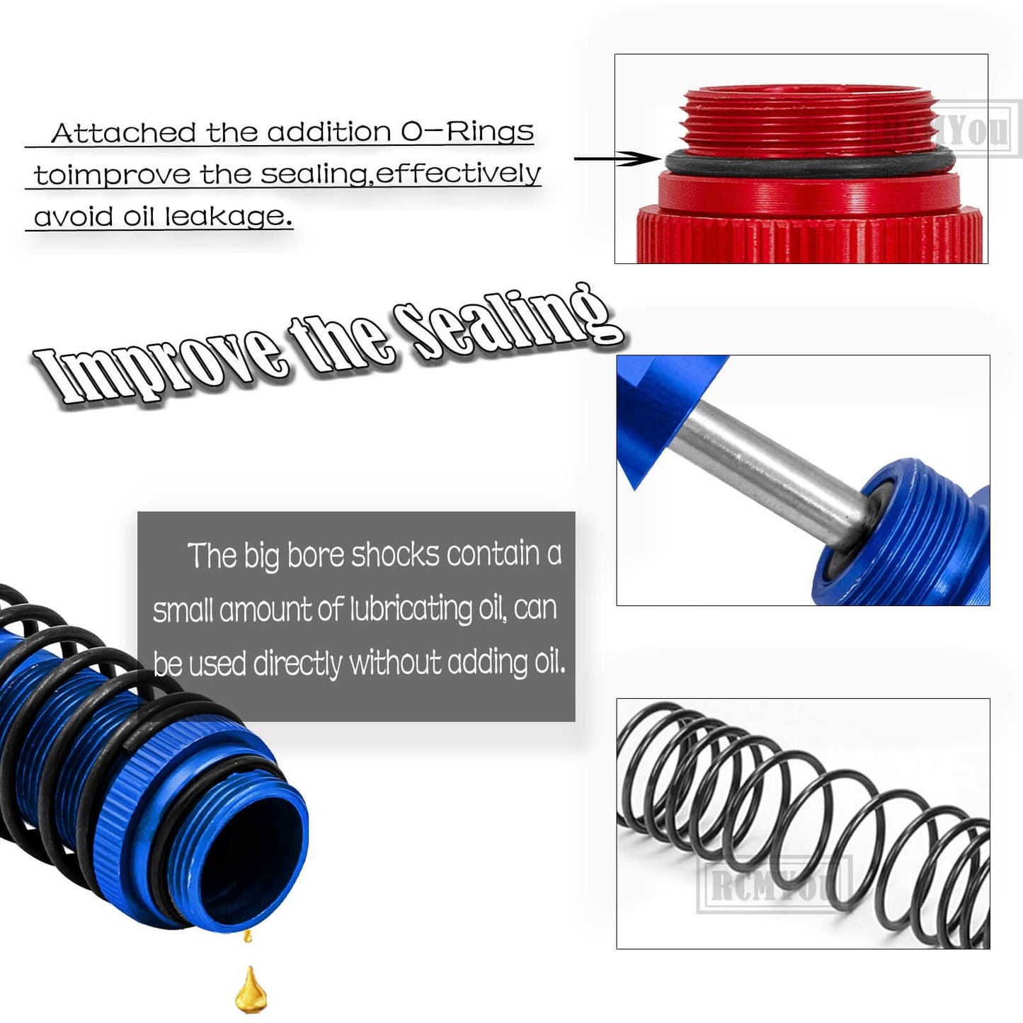 RCMYou RC Shocks Absorber Damper Upgrades Part for 1/8 Sledge 4WD #95076-4,4PCS Alloy Front Rear Big Bore Full Metal Adjustable