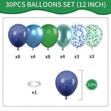 Biapian 12 Inch Blue and Green Balloon Set - Metallic Chrome & Confetti for Jungle Safari Boys Birthday Party Decorations