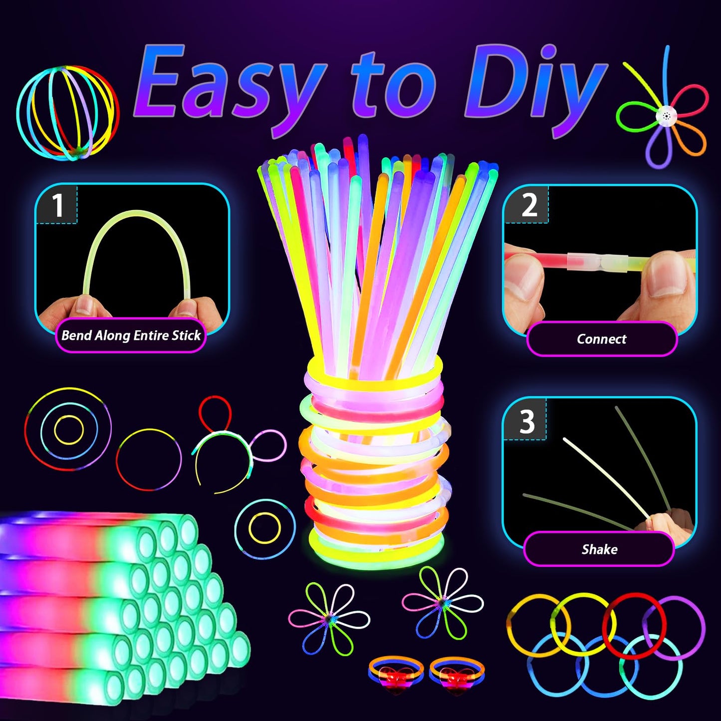 161 Pcs Glow In The Dark Party Supplies, Light Up Party Favors With 100 Glow Sticks, 16 Foam Glow Sticks, 16 Led Glasses, 16 Fin