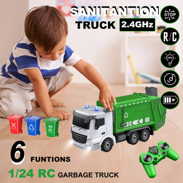CALEST 2.4Ghz Remote Control Garbage Truck Toys,1/24 RC Garbage Truck with 4 Trash cans 6 Channel Remote Control Waste Managemen