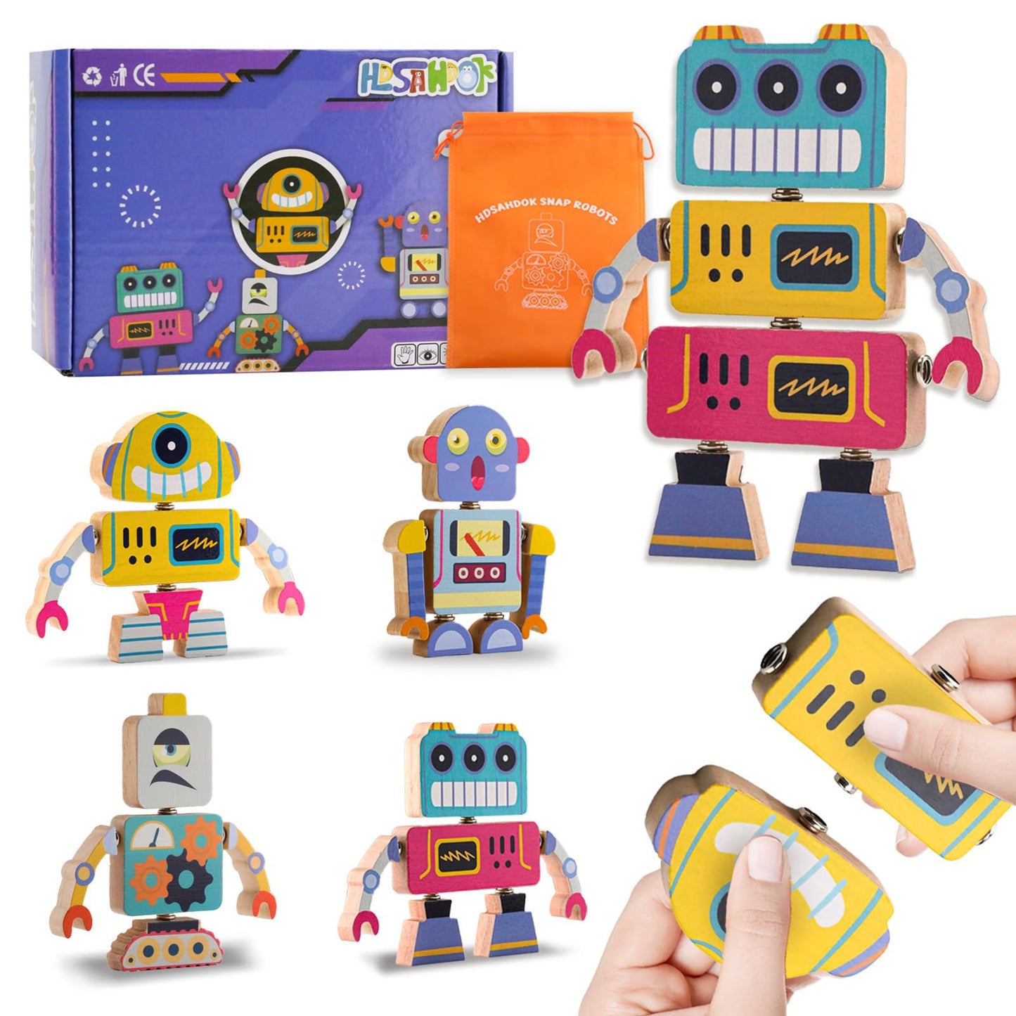 Hdsahdok Wooden Snap Together Robot Toys, Fine Motor Building Robot Blocks For Kids, Stem Montessori Educational Learning Toy, G