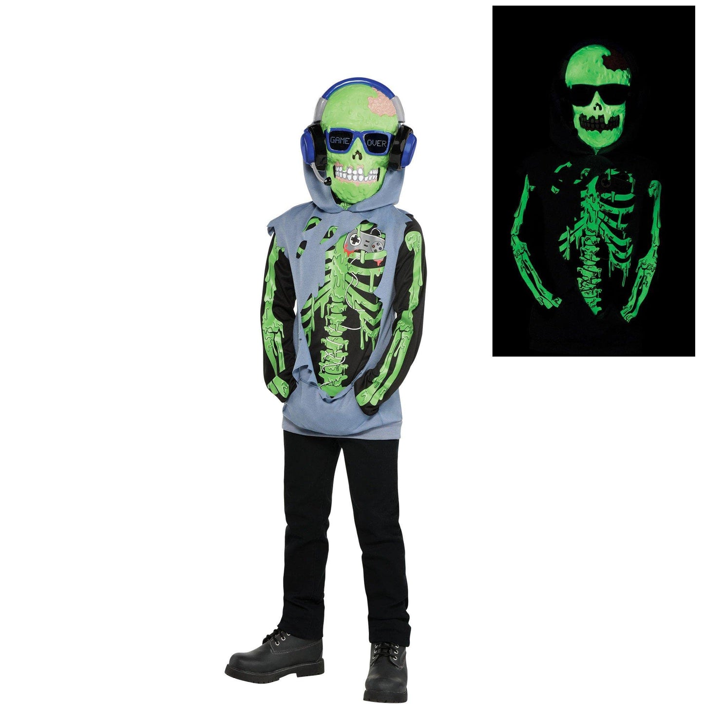 Amscan Zombie Gamer Glow In The Dark Halloween Costume For Kids, Large (12-14), With Mask And Hoodie