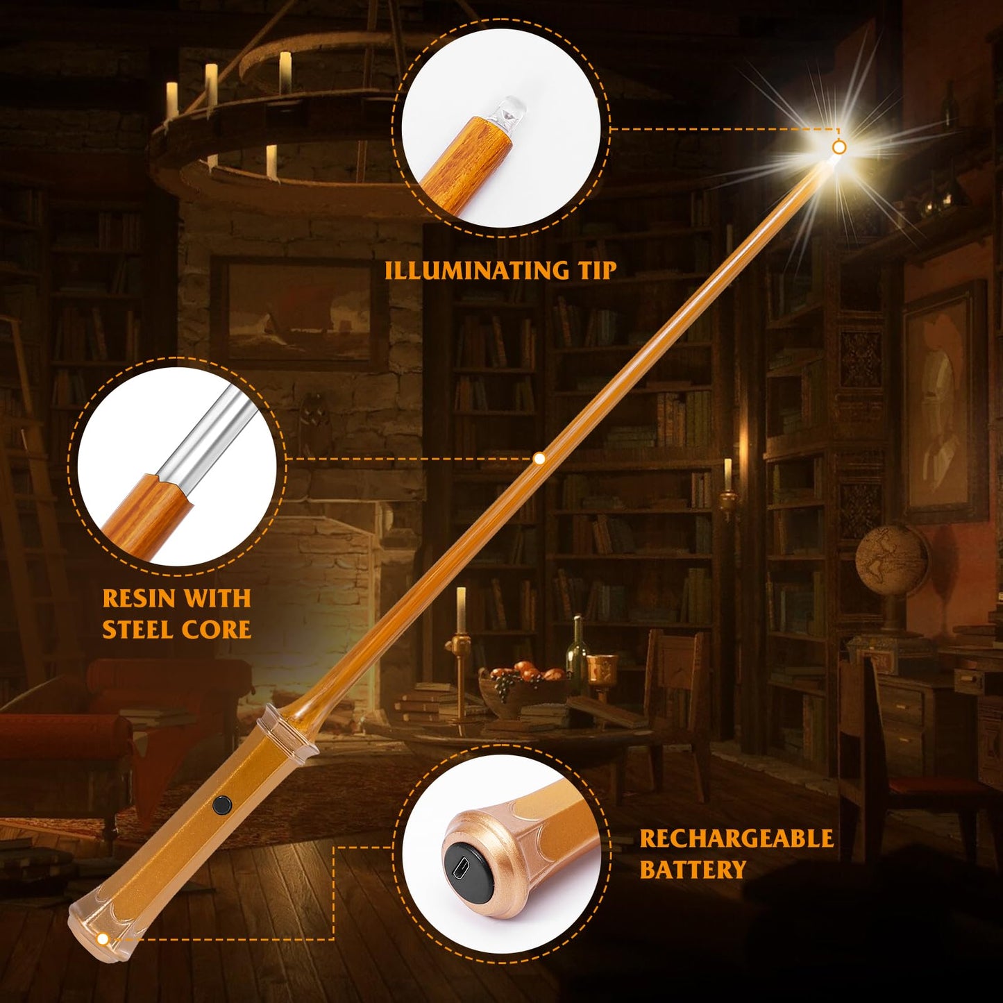 Light Up Magic Wizard Wand Rechargeable Illuminating Golden Wands For Witches Kids Boys Girls Party Gift, Lamp