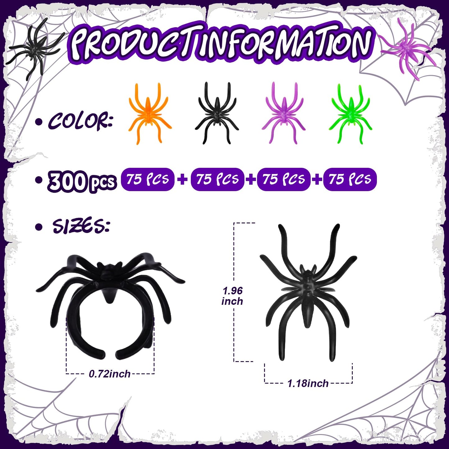 Max Fun 300pcs Spider Rings Halloween Rings for Kids Party Favors 1.96 Plastic Spider Rings Bulk for Kids Costume Accessories Ha