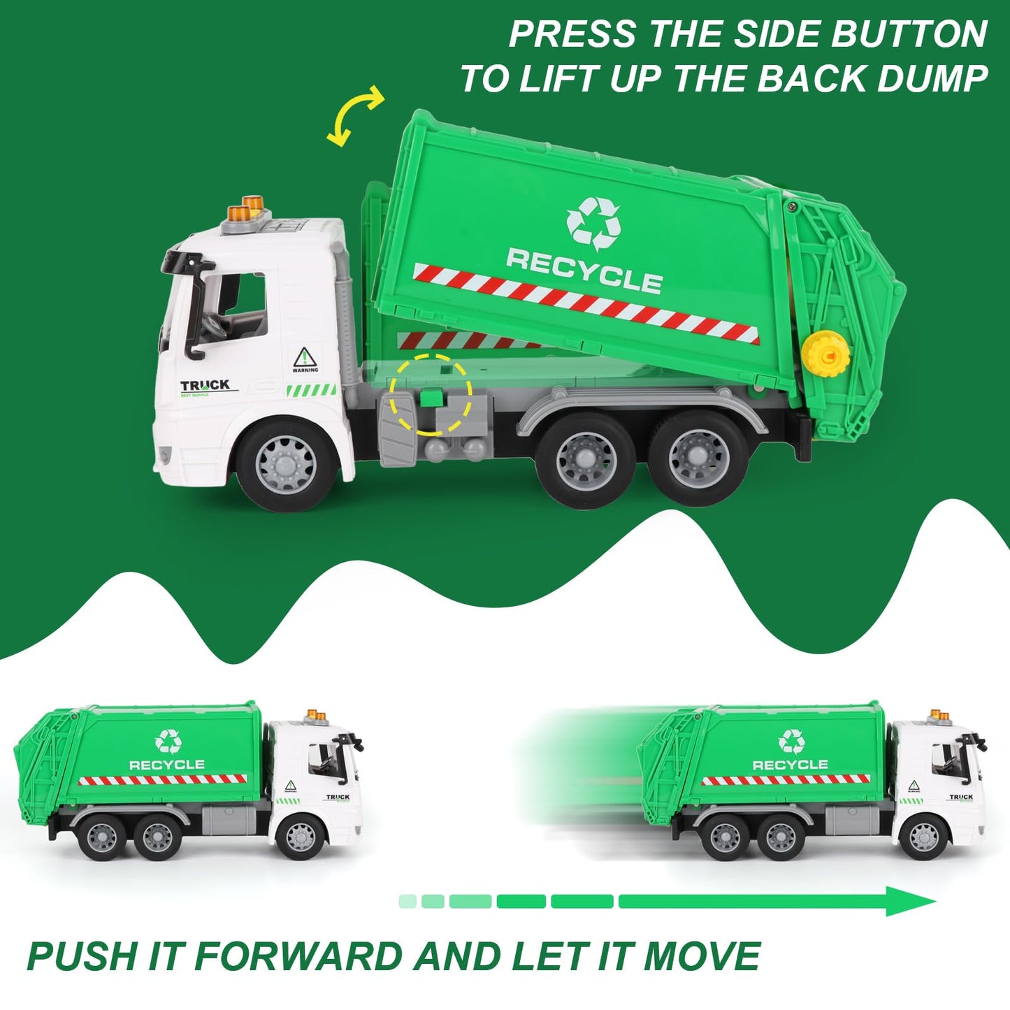 Mscredse 11.8'' Garbage Truck Toy With Dumping Function, Friction Powered Trash Truck Toy, Sound And Lights For Age 3-7 Years Ol