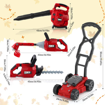 Arrowbash 4 Pcs Toy Gardening Tool Set for Kids Toy Leaf Blower Trimmer Hedge Trimmer Push Lawn Mower Battery Play Set Christmas Birthday Party Gift for Boys Girls