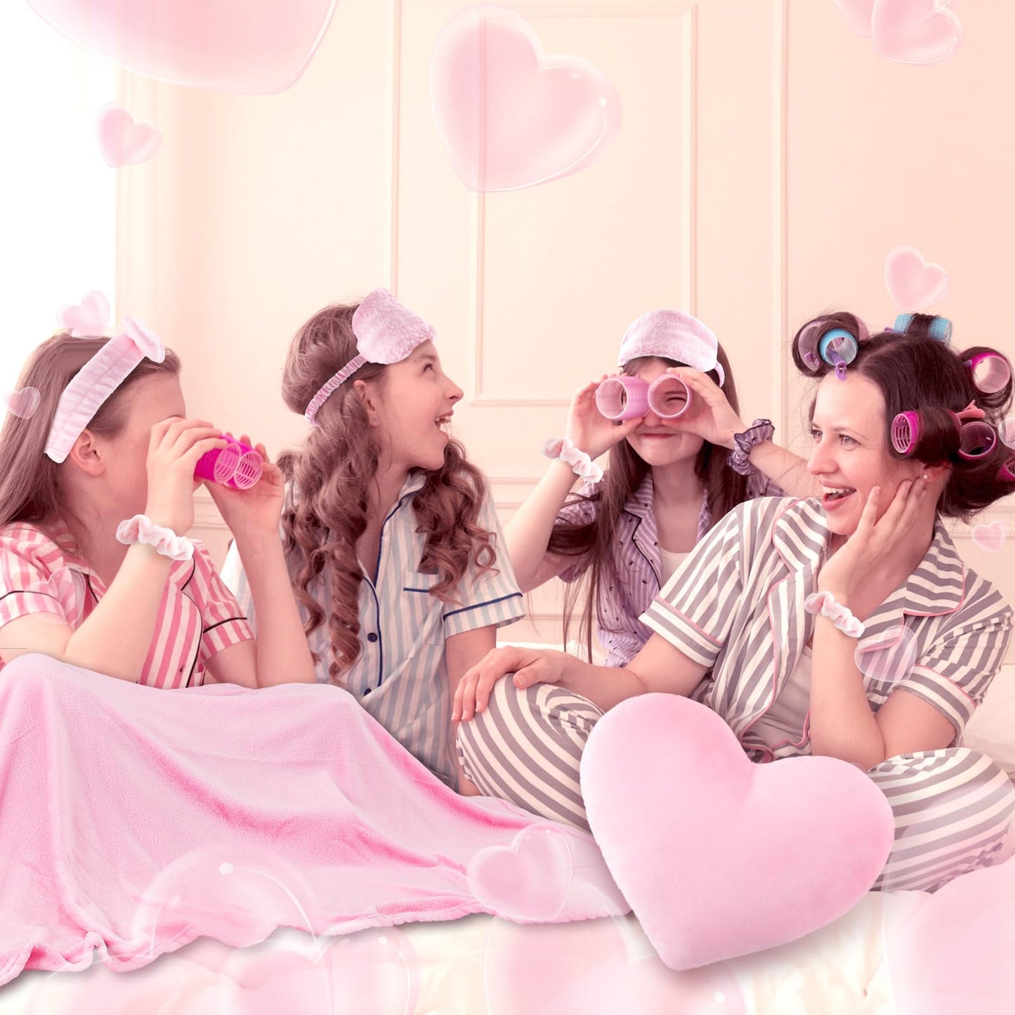 Fanfanwin 36 Pcs Sleepover Party Supplies 6 Throw Blanket 6 Spa Headband 6 Heart Pillows 6 Scrunchies 6 Sleep Eye Mask 6 Organza
