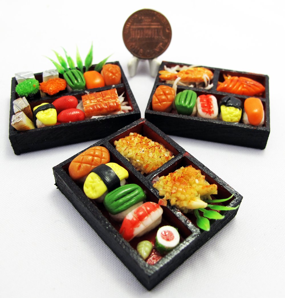 Set 3 Handmade Miniature Sushi Bento – 1:6 Scale Realistic Clay Japanese Food For Dollhouses, Doll Accessories, Diy Crafts & Collectible Miniature Kitchen Decor